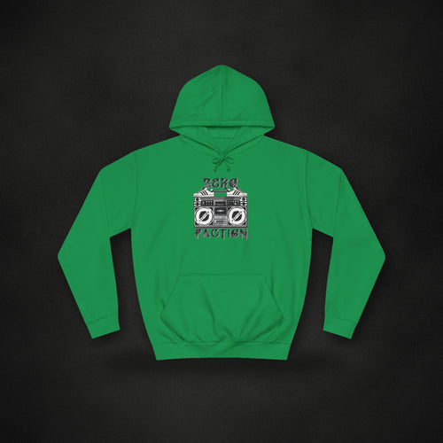 Zero Faction Boombox Hoodie, kelly green, on dark asphalt backdrop
