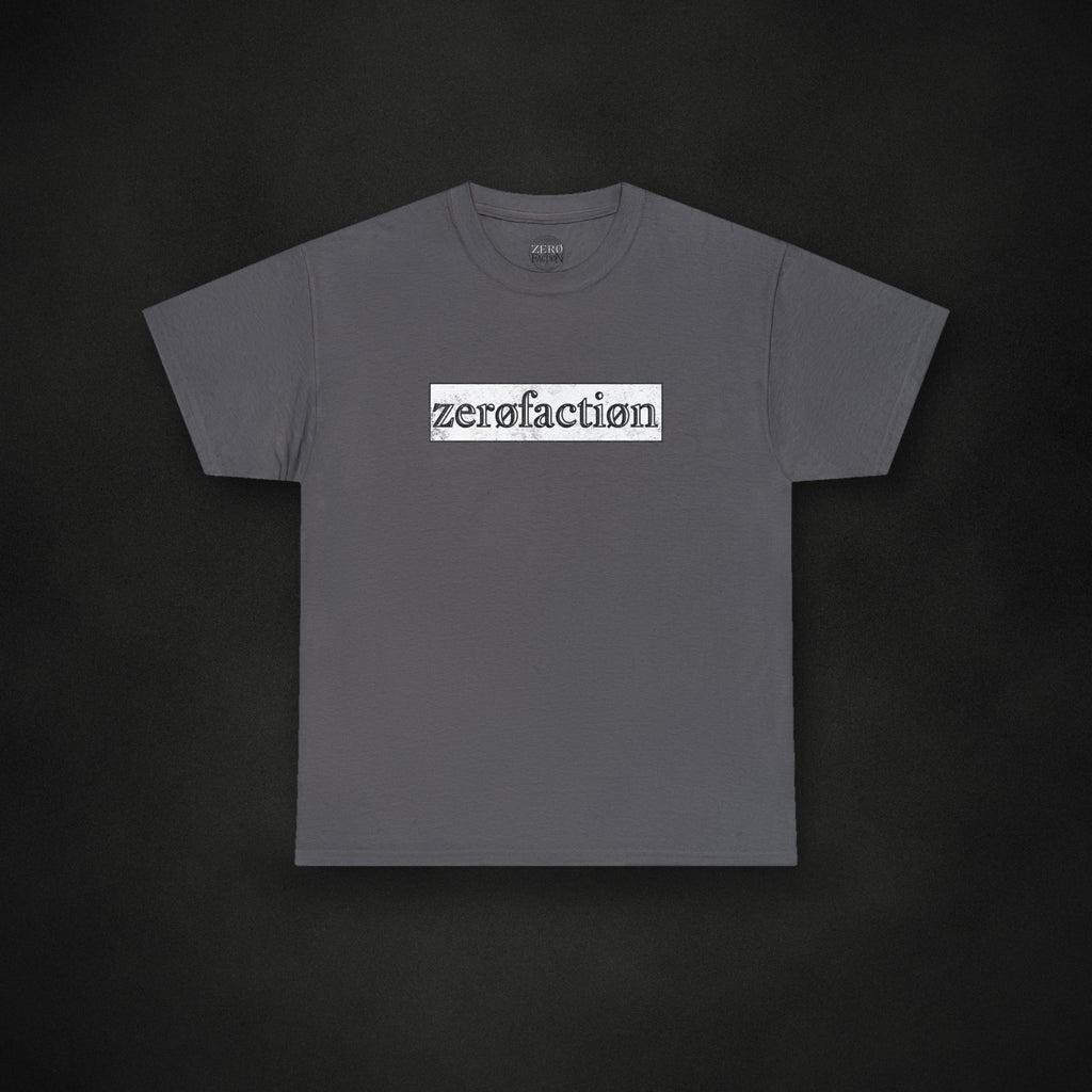 Zero Faction Box Logo Tee, charcoal, on dark asphalt backdrop