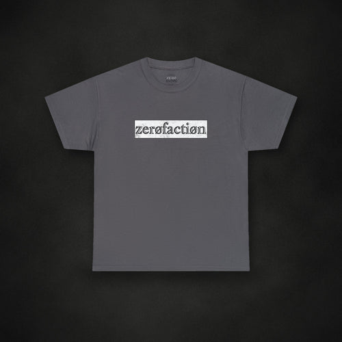 Zero Faction Box Logo Tee, charcoal, on dark asphalt backdrop