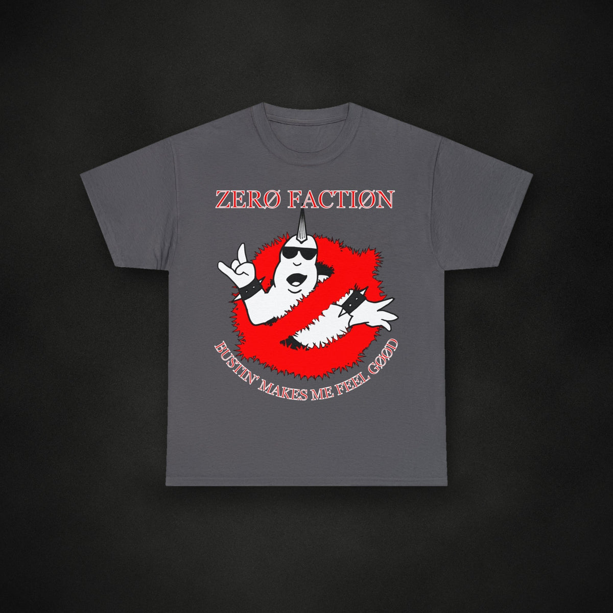 Zero Faction Bussin' Tee, charcoal, on dark asphalt backdrop