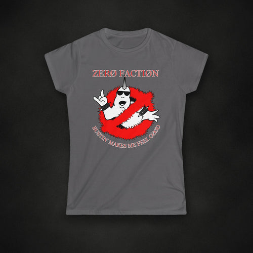 Zero Faction Bussin' Women's Tee, charcoal, on dark asphalt backdrop