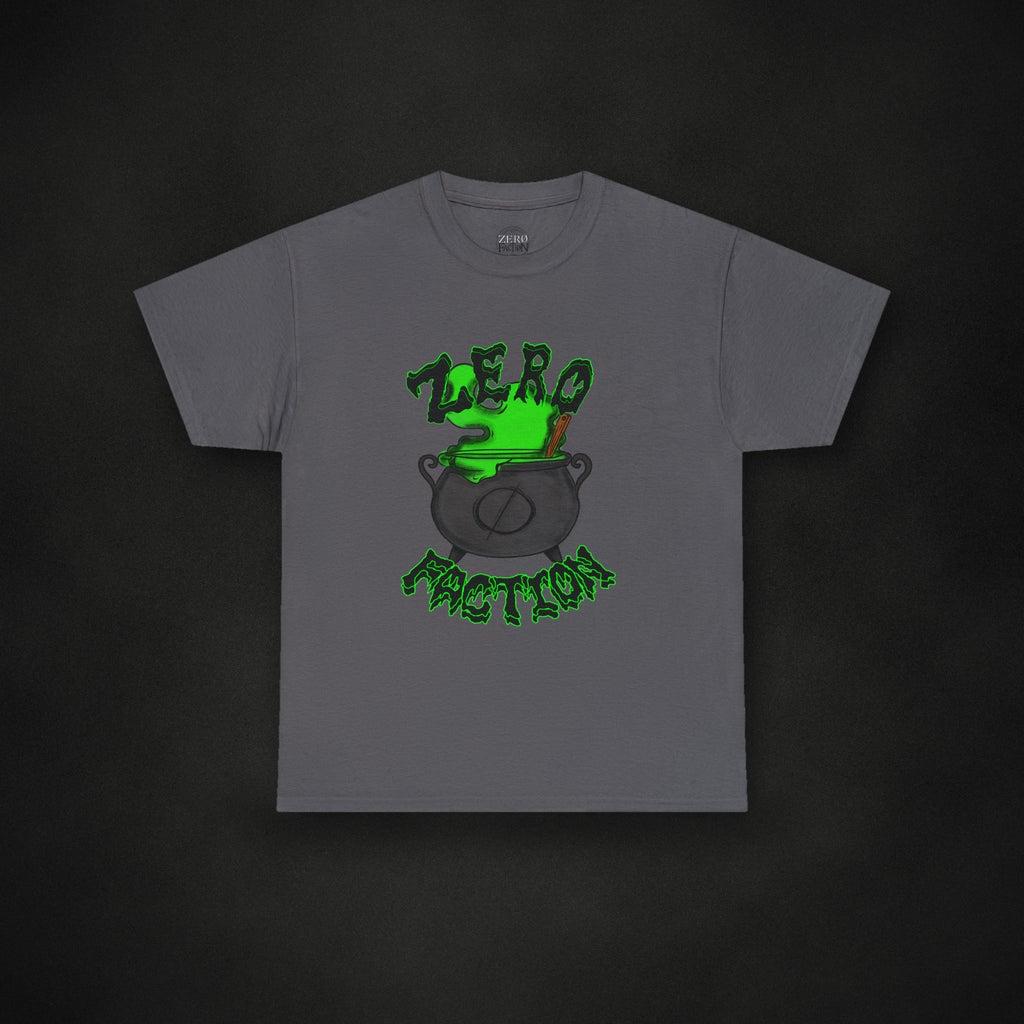 Zero Faction Cauldron Tee, charcoal, on dark asphalt backdrop
