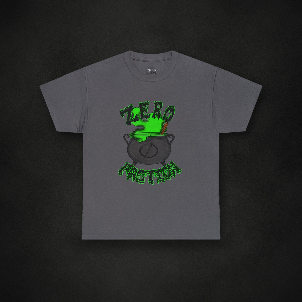 Zero Faction Cauldron Tee, charcoal, on dark asphalt backdrop