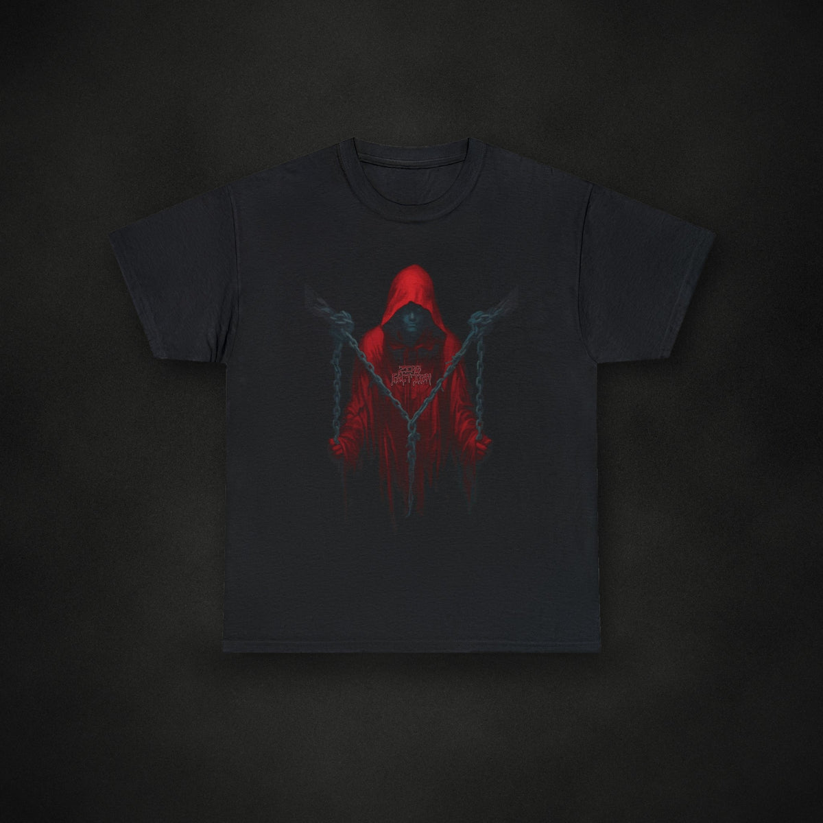 Zero Faction chained tee front, on dark asphalt backdrop