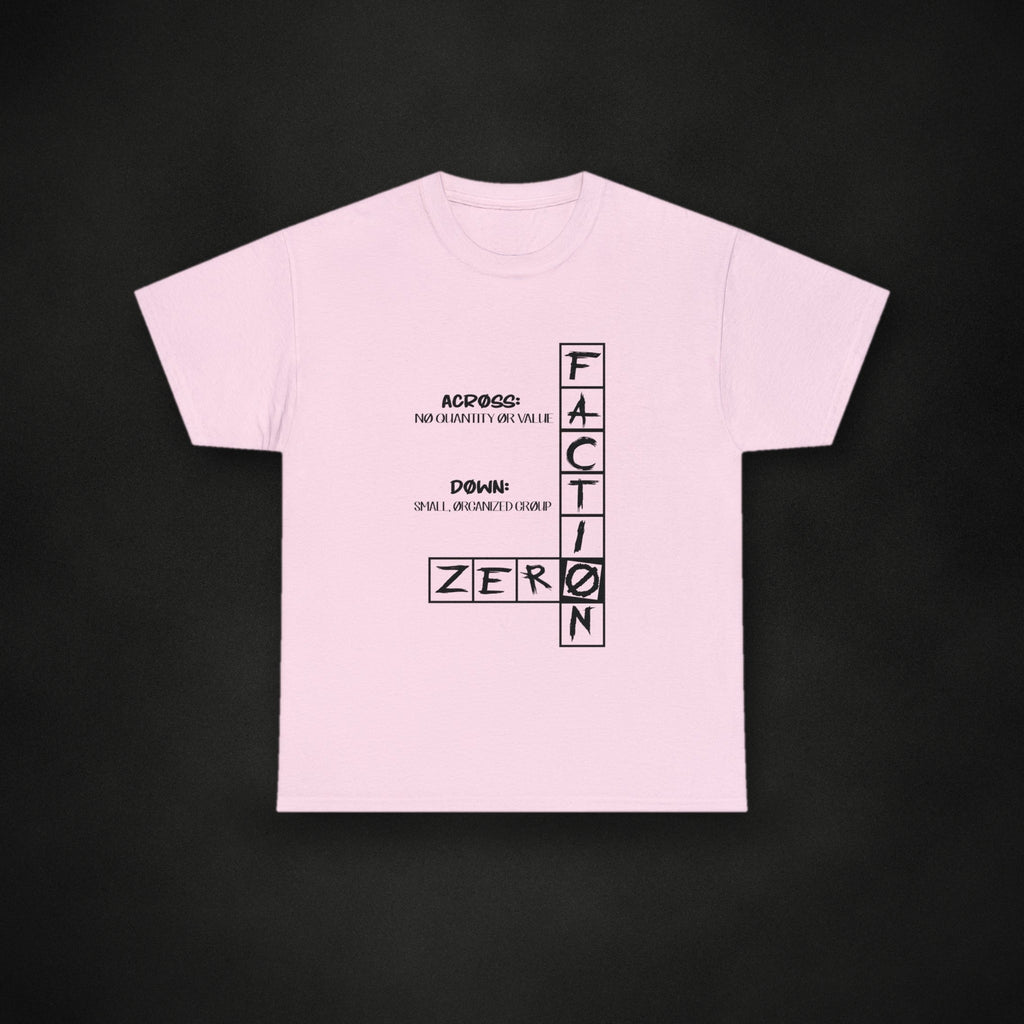 Zero Faction crossword tee pink, on dark asphalt backdrop