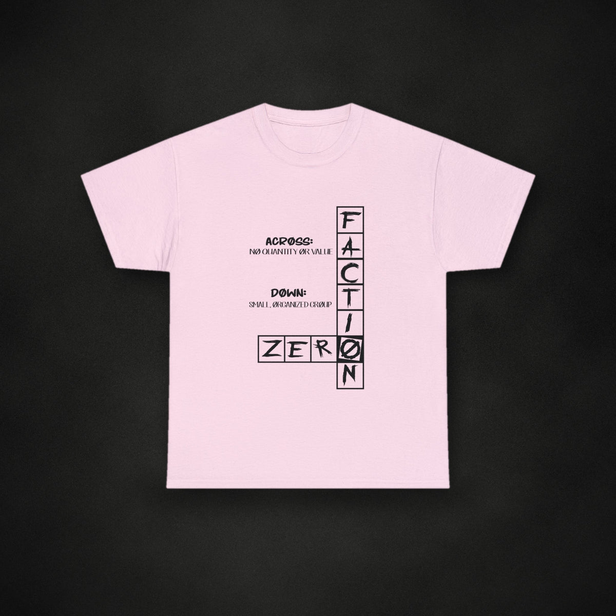 Zero Faction crossword tee pink, on dark asphalt backdrop