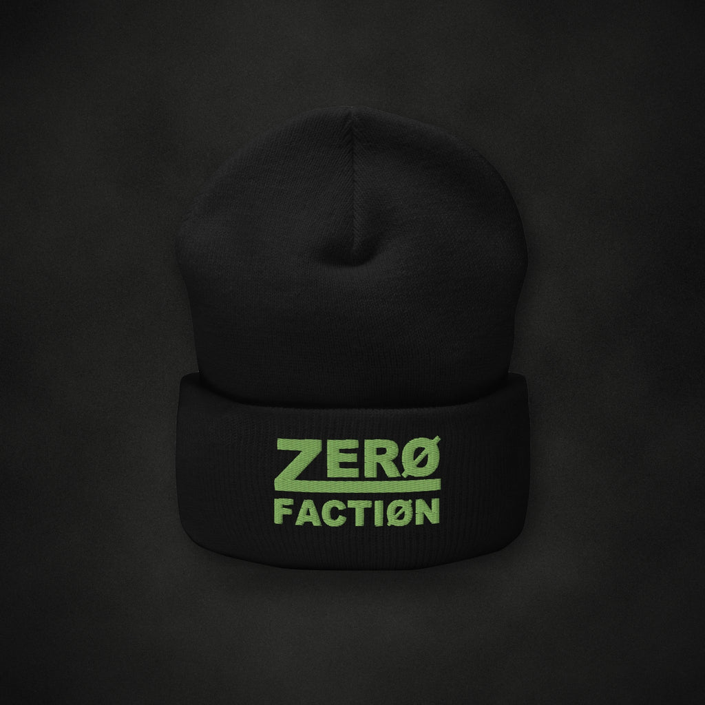 Zero Faction Cuffed Beanie, black, on dark asphalt backdrop