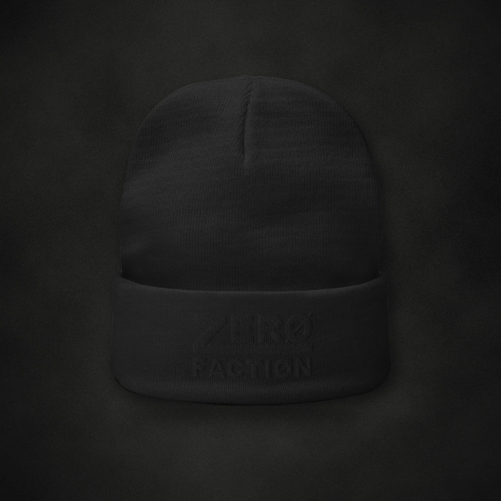 Zero Faction Embroidered Beanie, black, on dark asphalt backdrop
