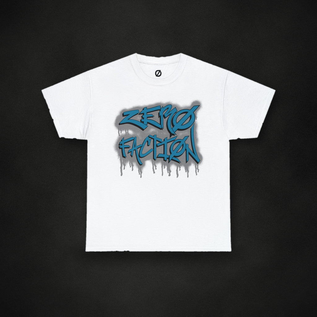 Zero Faction Faction Graffiti Tee, white, on dark asphalt backdrop