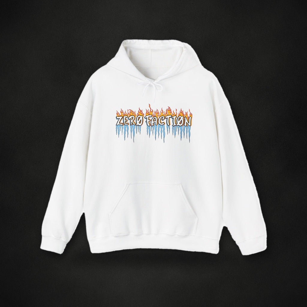 Zero Faction Fire and Frost Hoodie, white, on dark asphalt backdrop