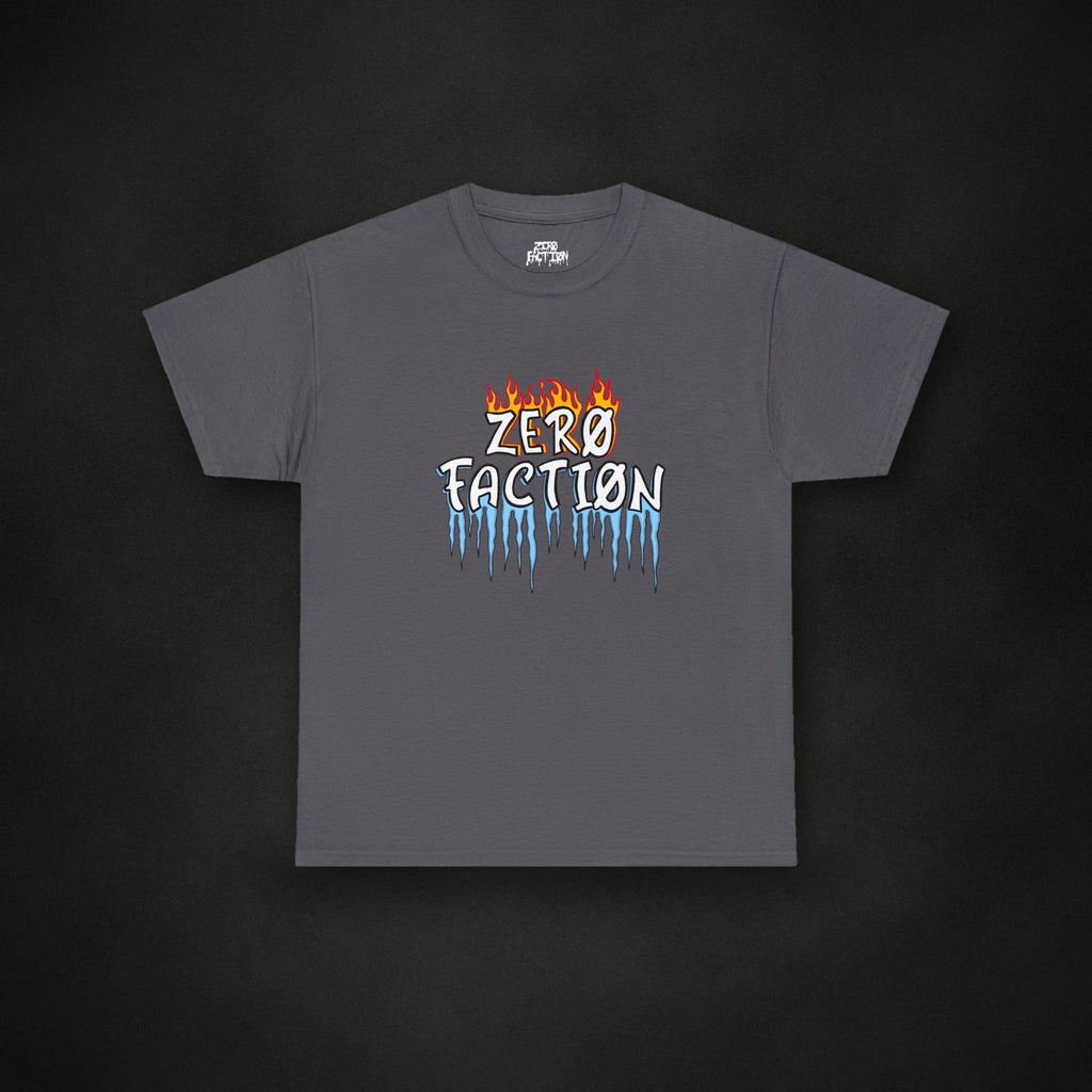 Zero Faction Fire & Ice Tee, charcoal, on dark asphalt backdrop