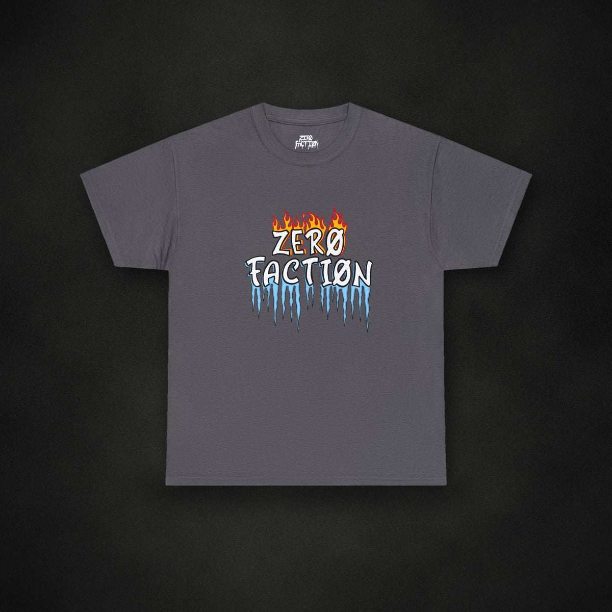 Zero Faction Fire & Ice Tee, charcoal, on dark asphalt backdrop