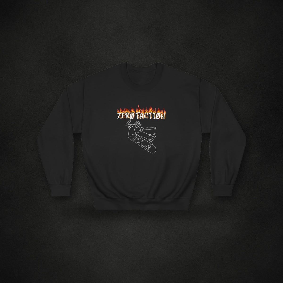 Zero Faction fire skateboard sweater, on dark asphalt backdrop