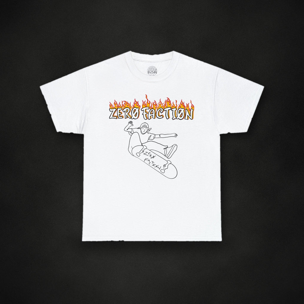 Zero Faction white skateboard fire tee, on dark asphalt backdrop