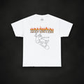 Zero Faction white skateboard fire tee, on dark asphalt backdrop