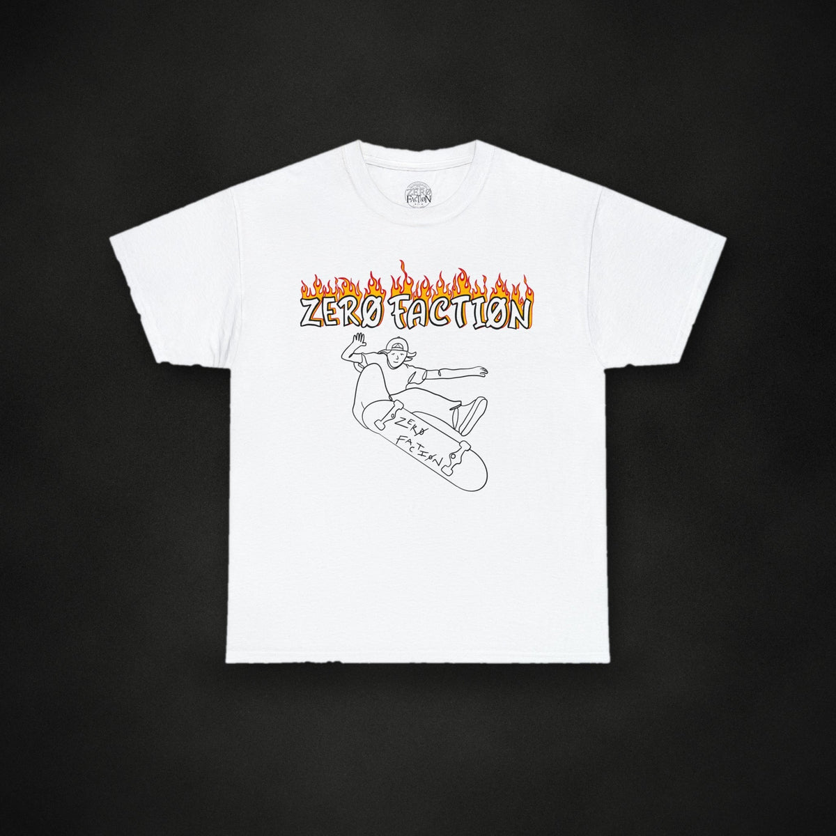 Zero Faction white skateboard fire tee, on dark asphalt backdrop