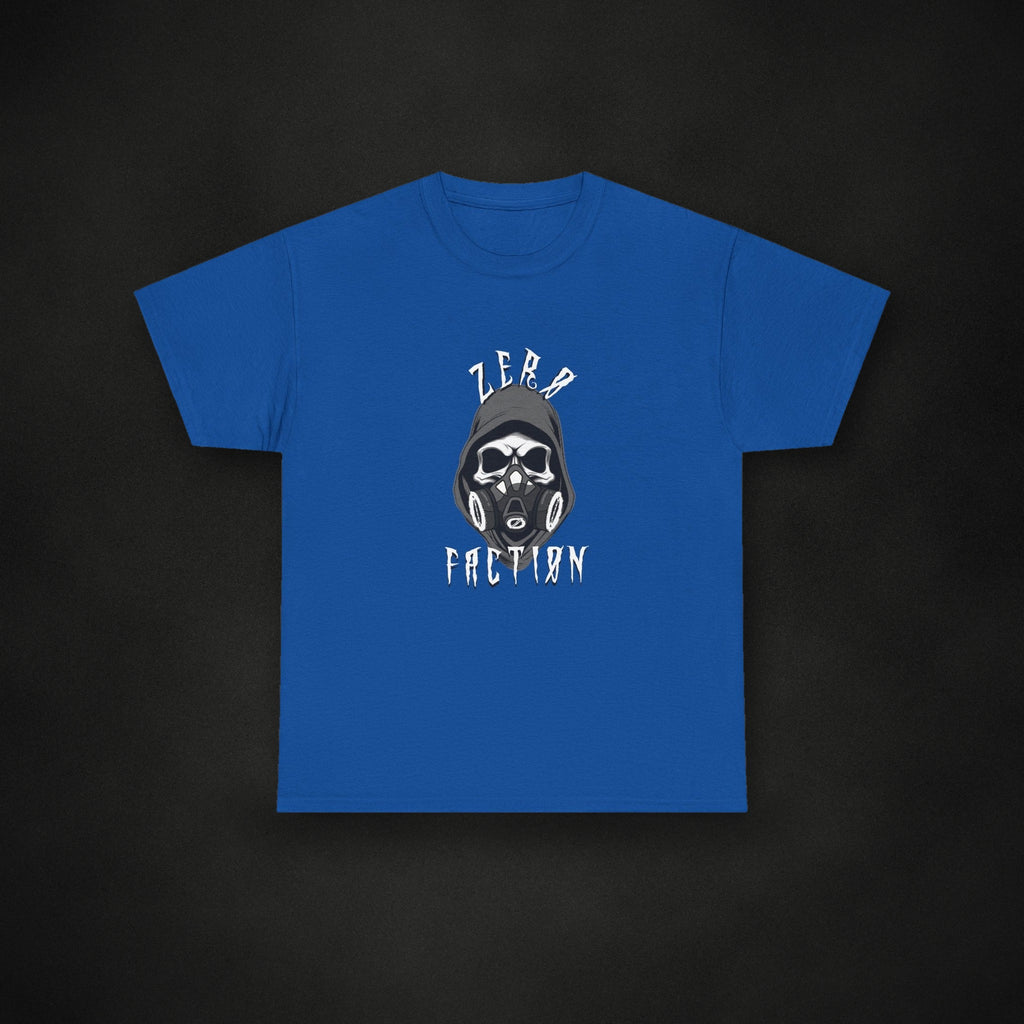 Zero Faction Gas Mask Tee, royal, on dark asphalt backdrop