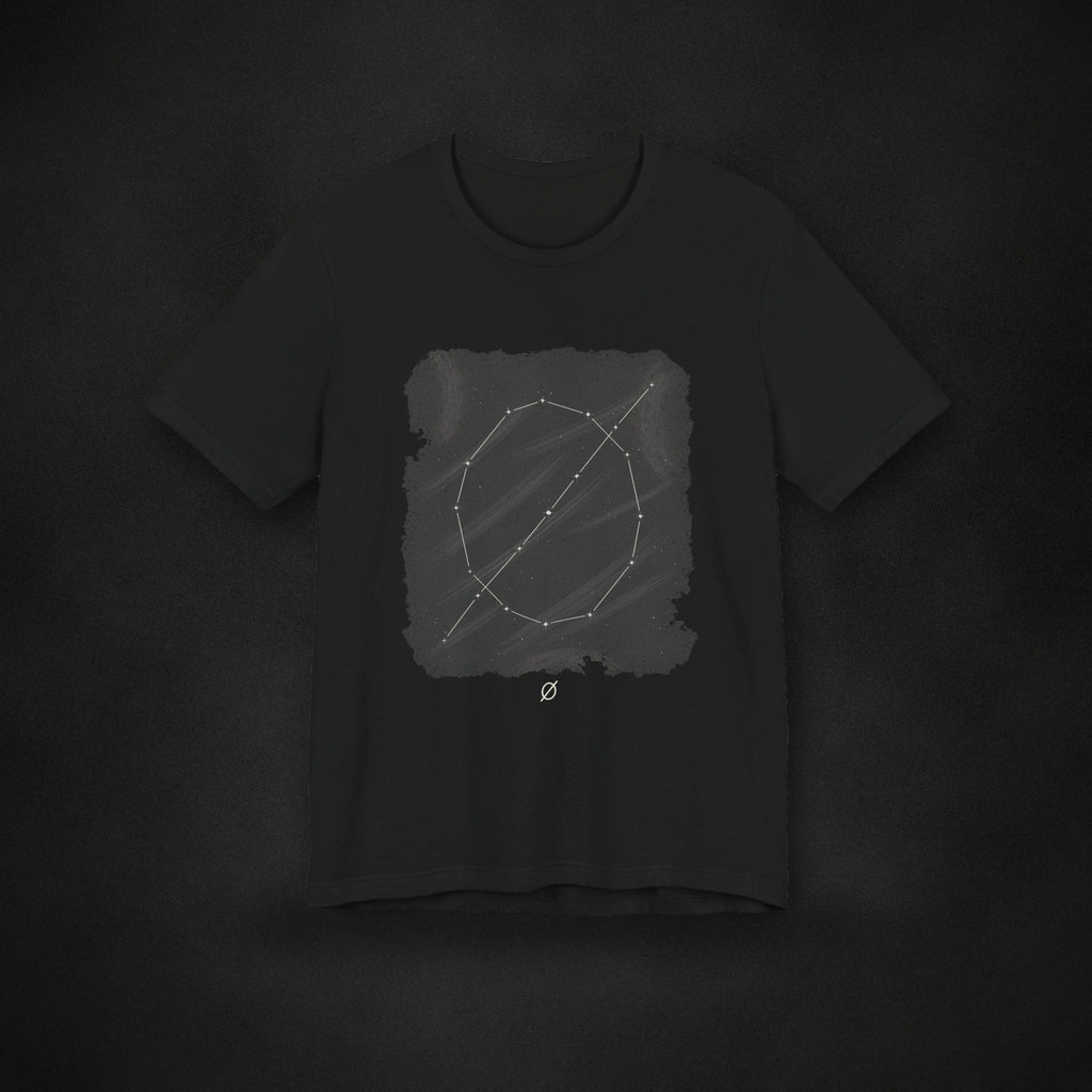 Zero Faction Grip Tape Constellation tee, black, front view, constellation print, on dark asphalt backdrop