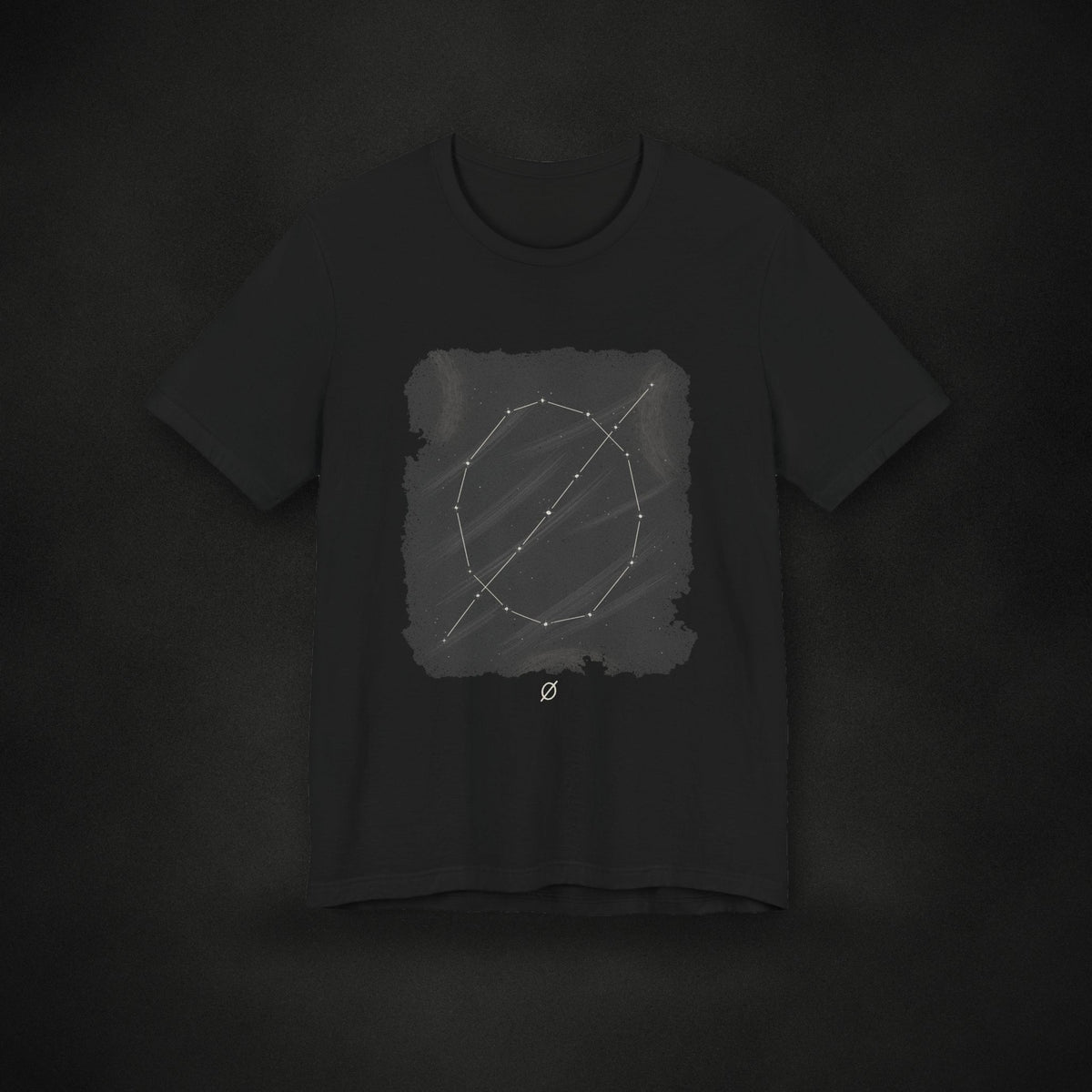Zero Faction Grip Tape Constellation tee, black, front view, constellation print, on dark asphalt backdrop