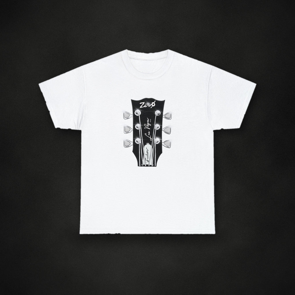 Zero Faction Headstock Tee, white, on dark asphalt backdrop