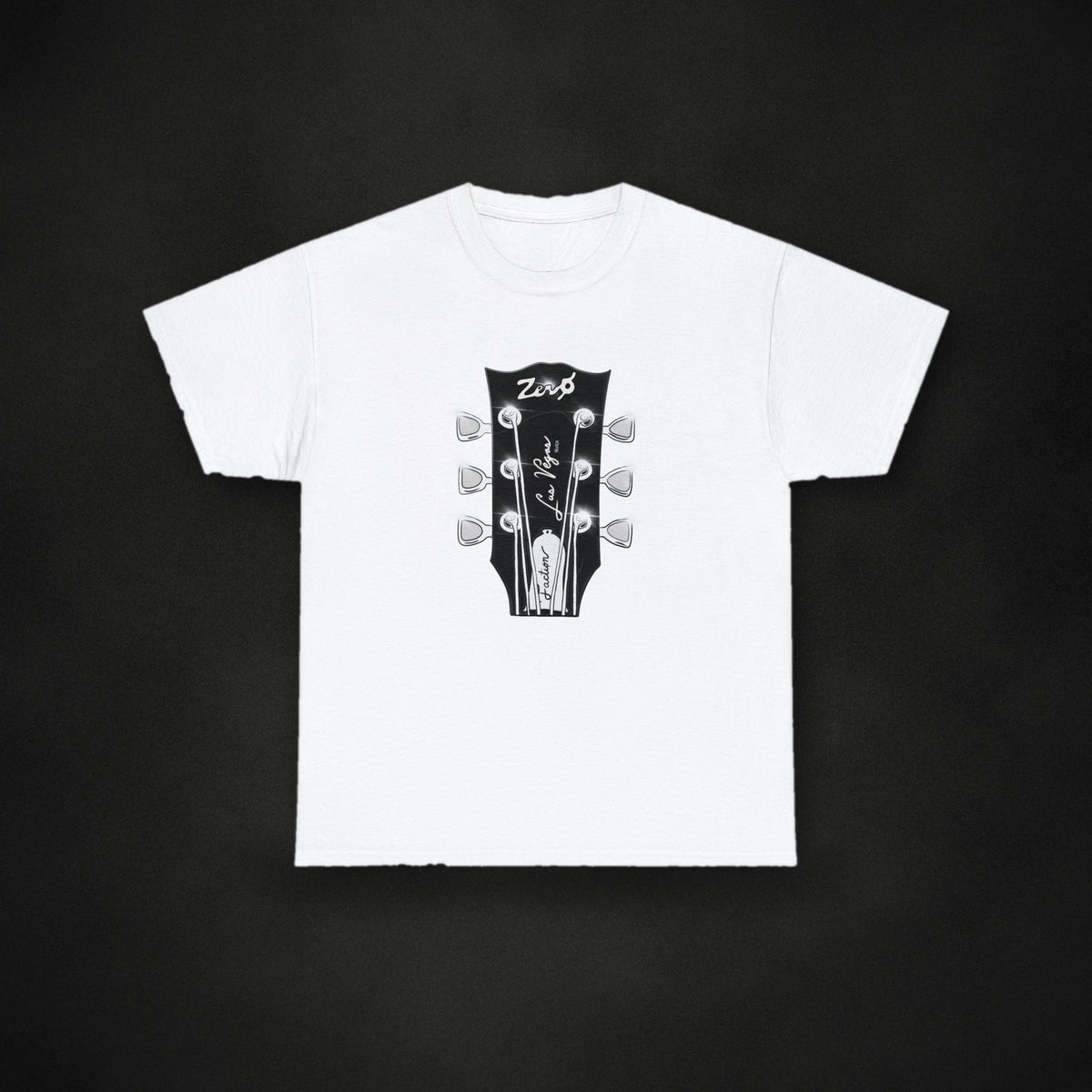 Zero Faction Headstock Tee, white, on dark asphalt backdrop