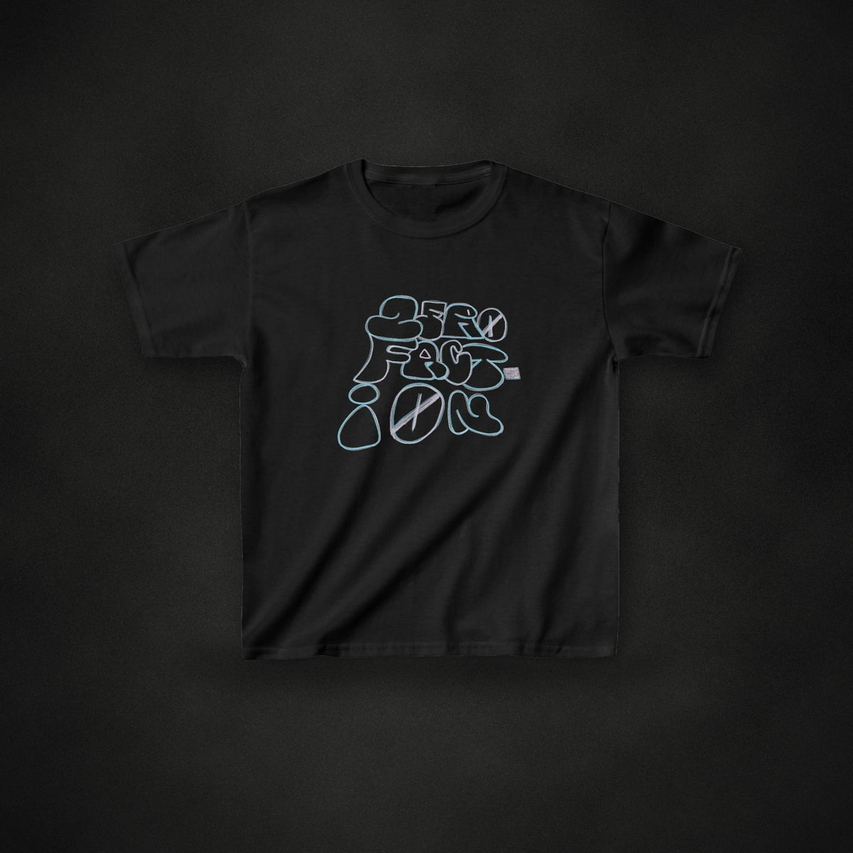 Zero Faction Kids Sidewalk Chalk Tee, black, on dark asphalt backdrop