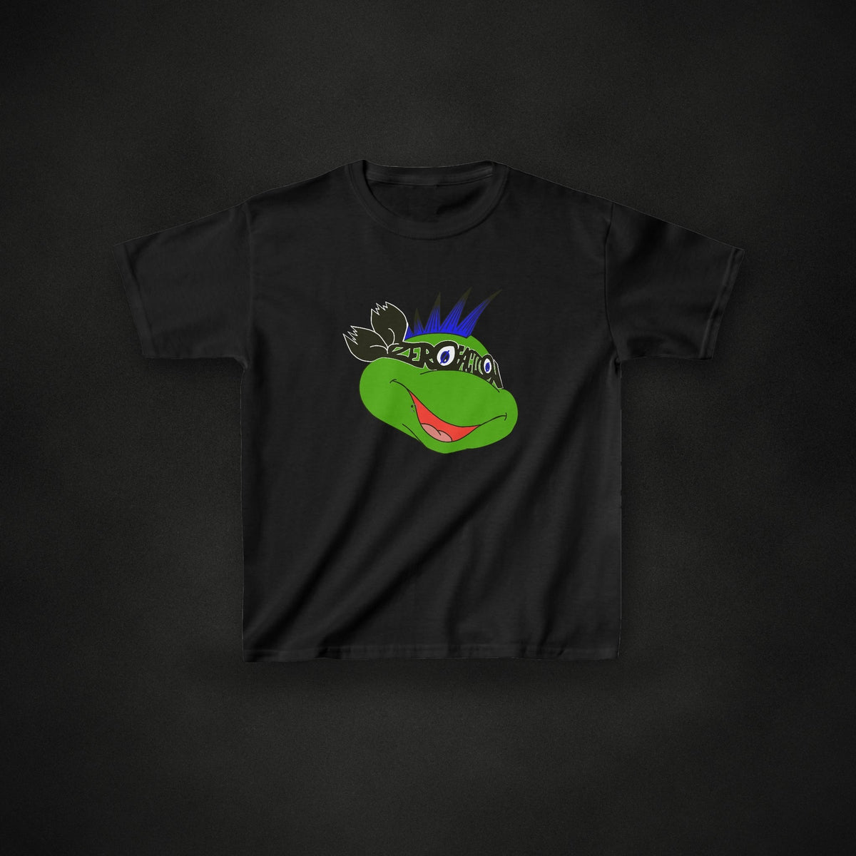 Zero Faction Kids ZMNT Tee, black, on dark asphalt backdrop