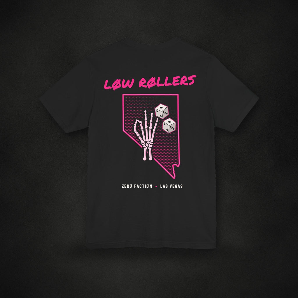 Zero Faction Low Rollers Nevada tee, black, back view, Nevada skeleton hand and dice print, on dark asphalt backdrop