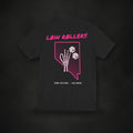 Zero Faction Low Rollers Nevada tee, black, back view, Nevada skeleton hand and dice print, on dark asphalt backdrop