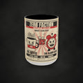 Zero Faction Main Event mug, white with black handle and inside, front view with Coffee vs Alarm Clock fight poster, on dark asphalt backdrop