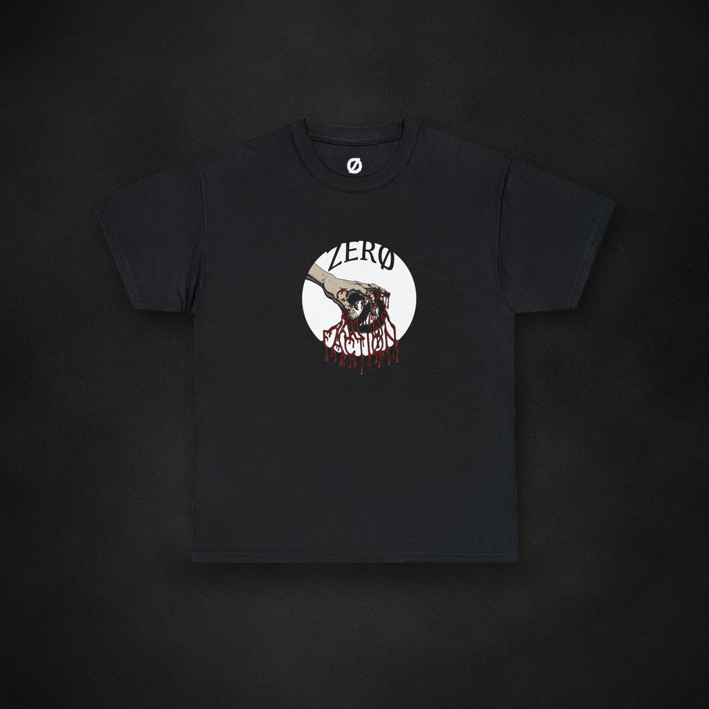 Zero Faction Idle Hand Tee, black, on dark asphalt backdrop