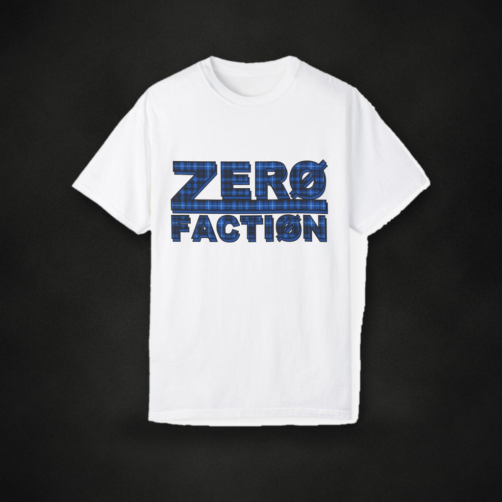 Zero Faction OG Blue Plaid Tee, white, on dark asphalt backdrop