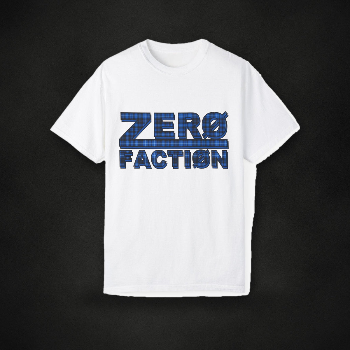Zero Faction OG Blue Plaid Tee, white, on dark asphalt backdrop
