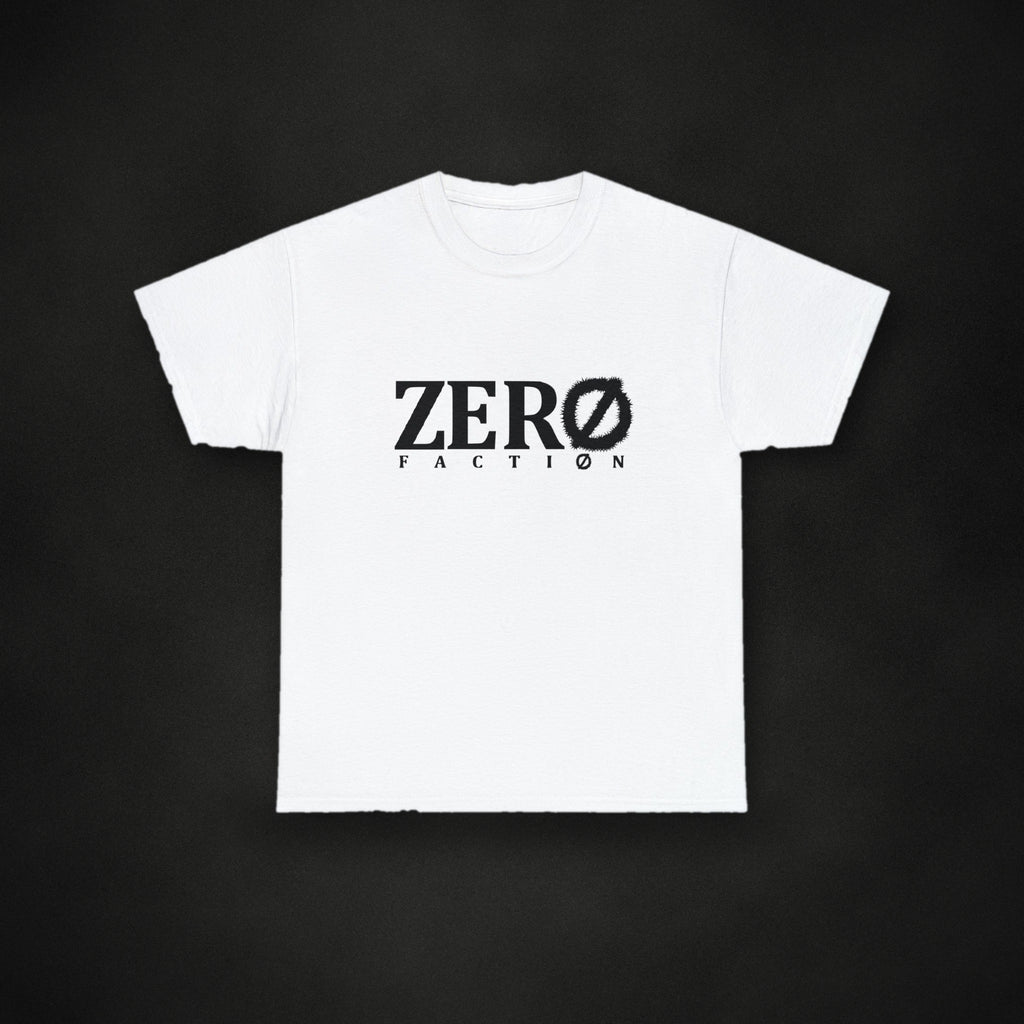 Zero Faction OG Faction logo tee, white, on dark asphalt backdrop