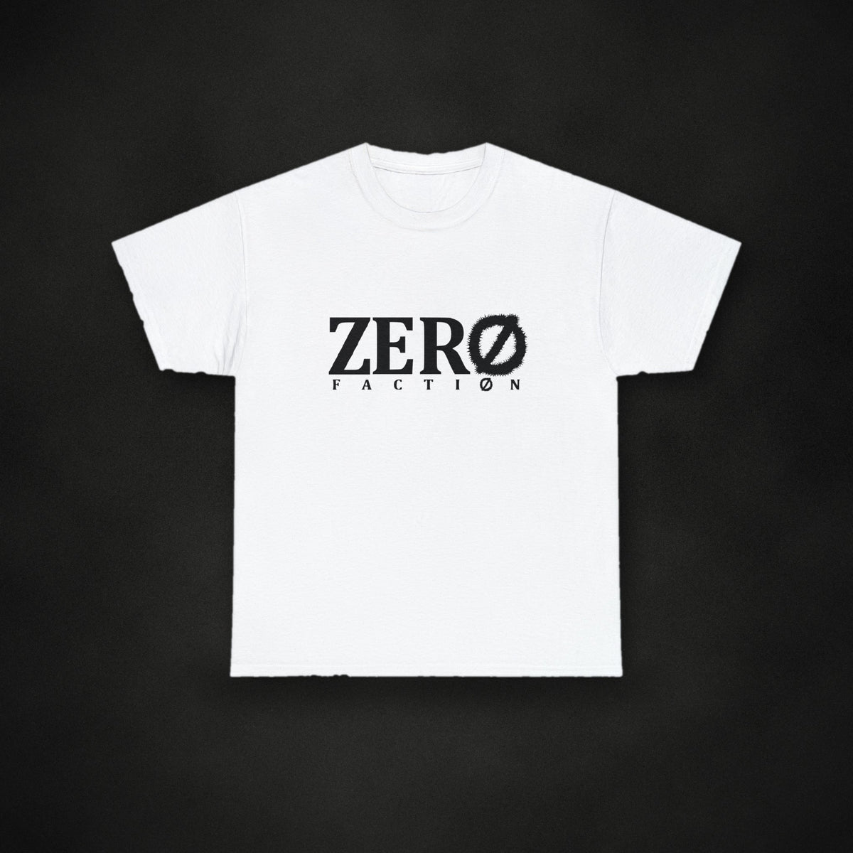 Zero Faction OG Faction logo tee, white, on dark asphalt backdrop