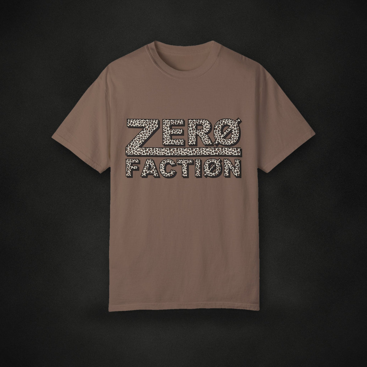 Zero Faction OG Leopard Tee, espresso, on dark asphalt backdrop
