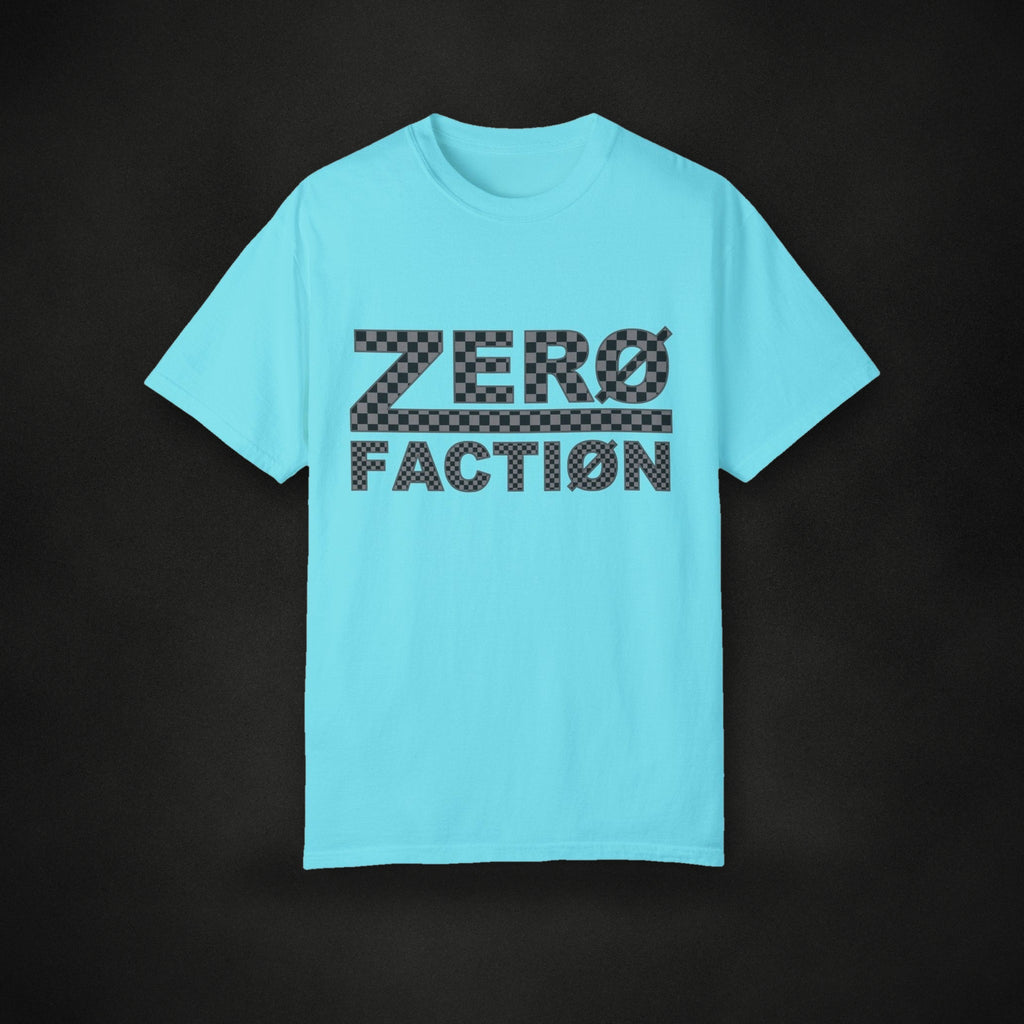 Zero Faction OG Checkerboard Tee, lagoon blue, on dark asphalt backdrop