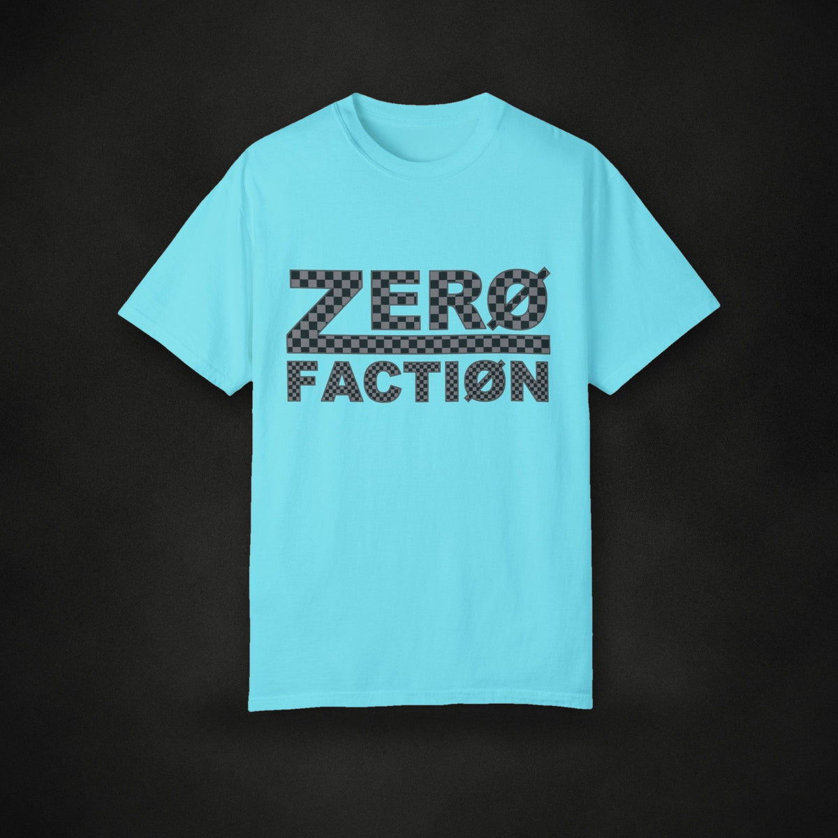 Zero Faction OG Checkerboard Tee, lagoon blue, on dark asphalt backdrop