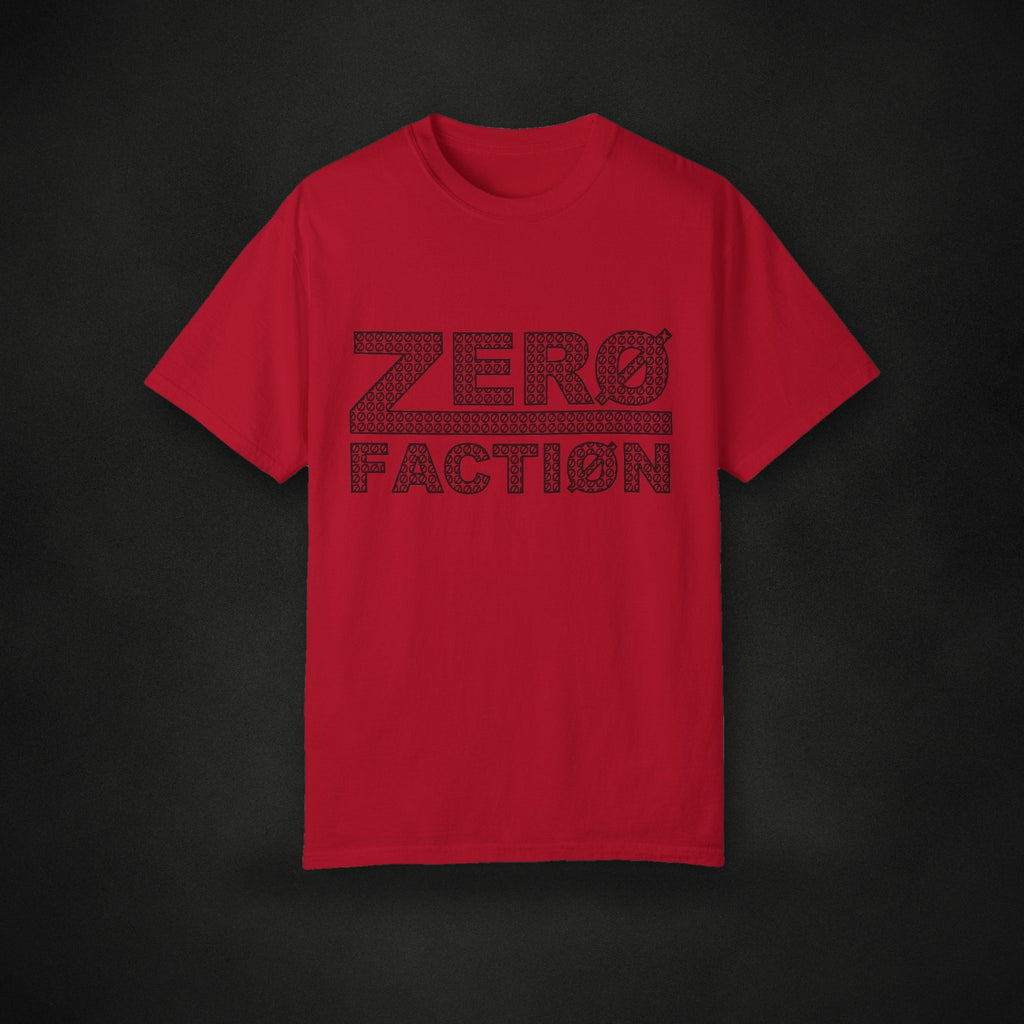 Zero Faction OG Zero Tee, red, on dark asphalt backdrop