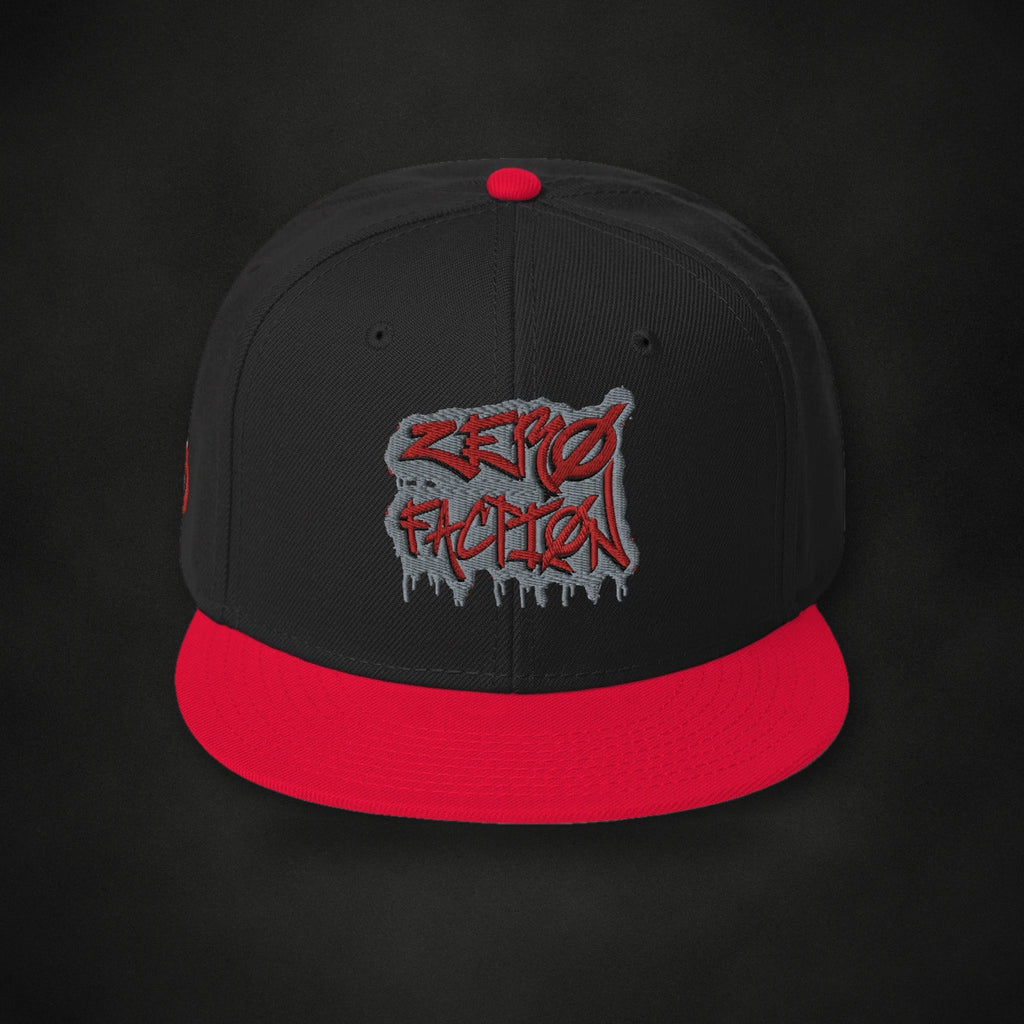 Zero Faction Red Graffiti Snapback Hat, on dark asphalt backdrop
