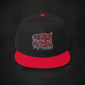 Zero Faction Red Graffiti Snapback Hat, on dark asphalt backdrop