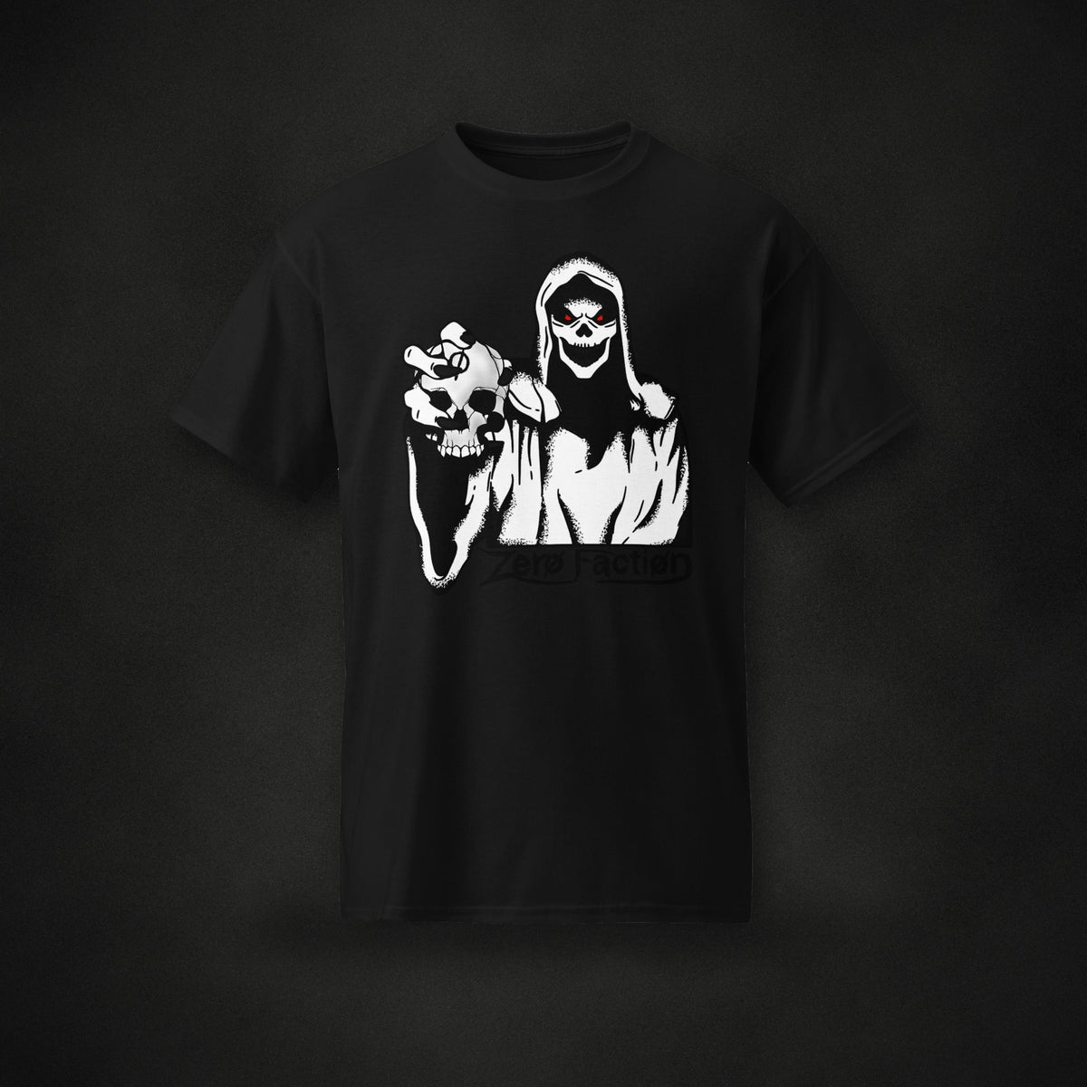 Zero Faction Skull Tee, on dark asphalt backdrop