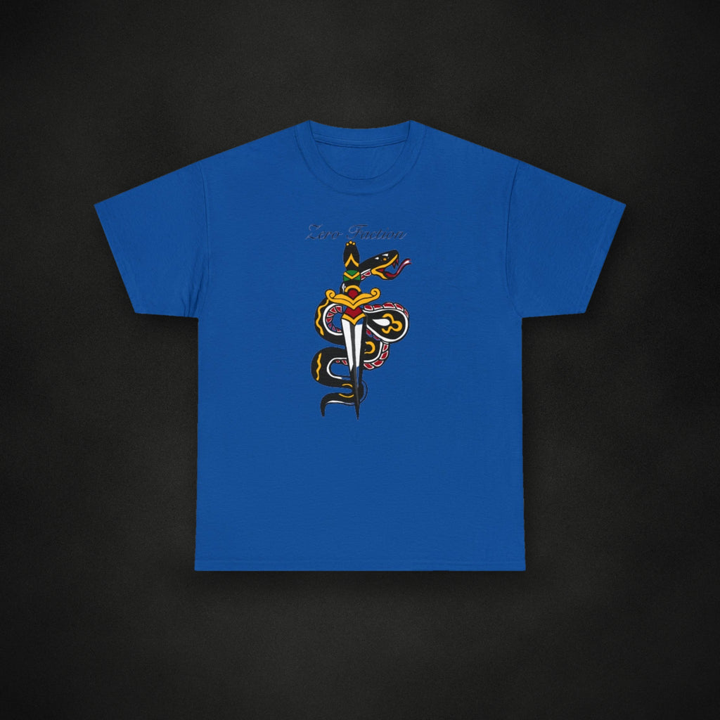 Zero Faction Snake & Dagger Tee, royal, on dark asphalt backdrop