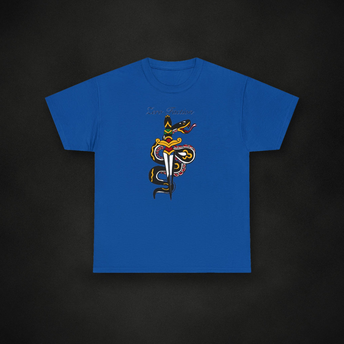 Zero Faction Snake & Dagger Tee, royal, on dark asphalt backdrop