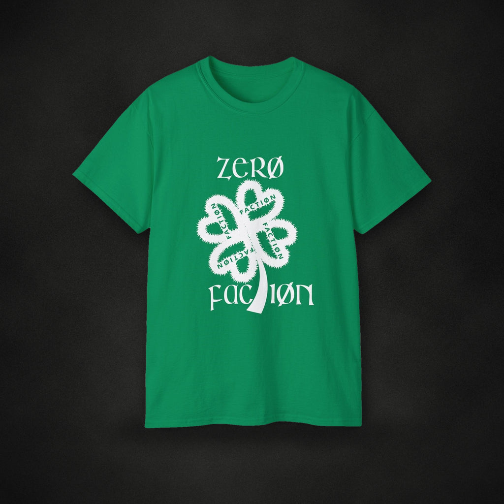 Zero Faction St. Facts Tee, kelly green, on dark asphalt backdrop