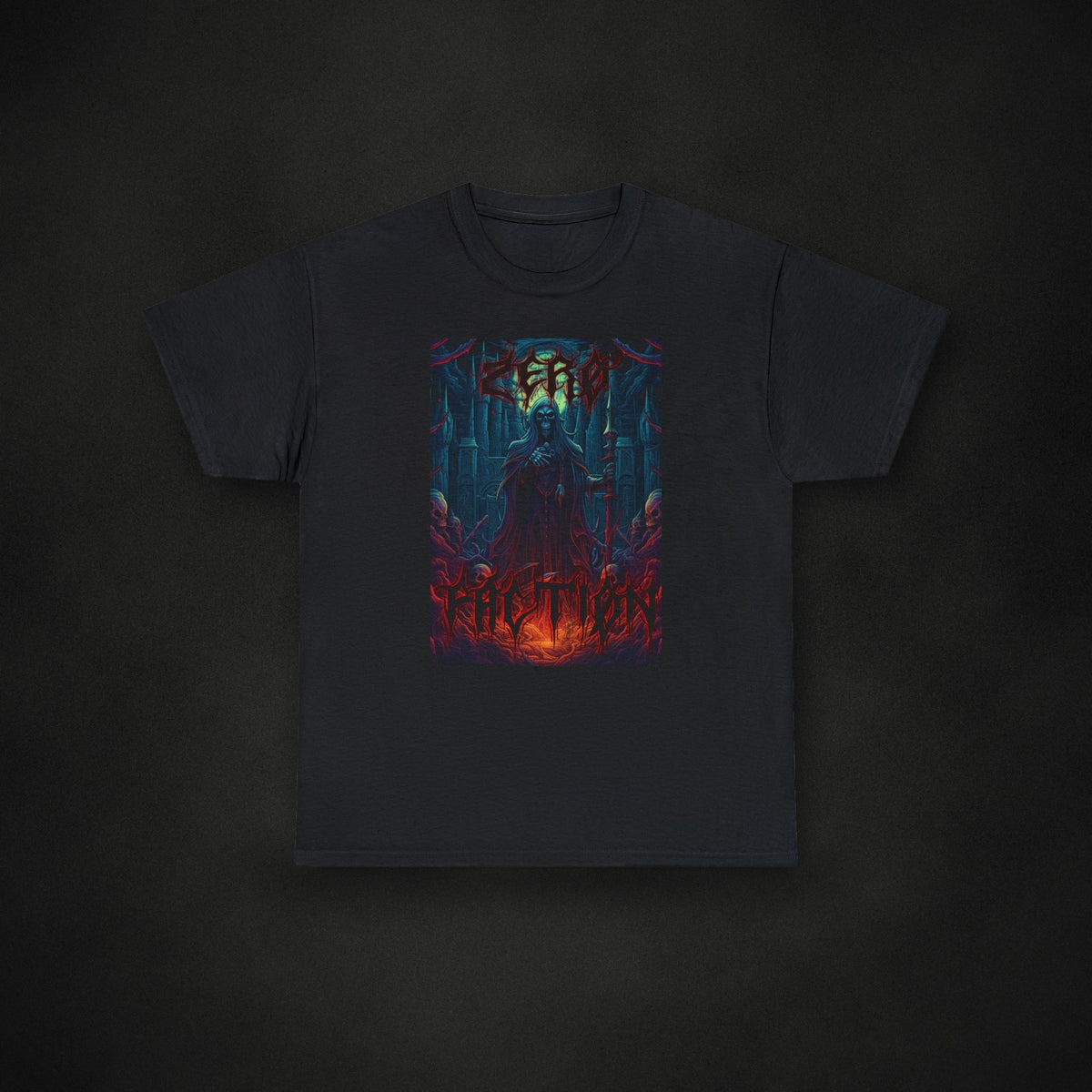 Zero Faction Summoning Tee, black, on dark asphalt backdrop