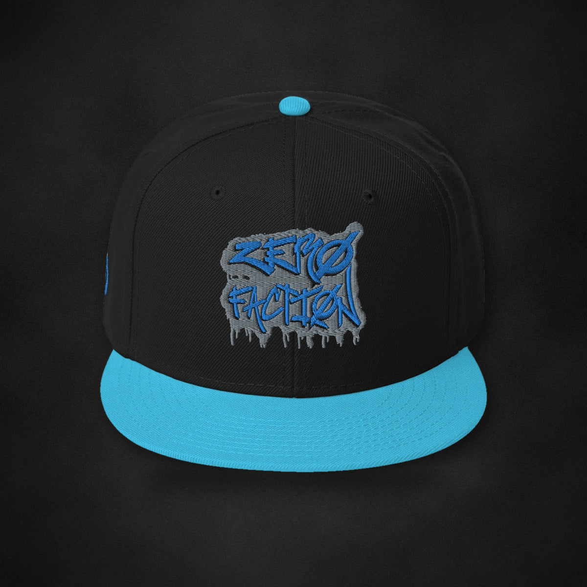 Zero Faction Teal Graffiti Snapback Hat, on dark asphalt backdrop