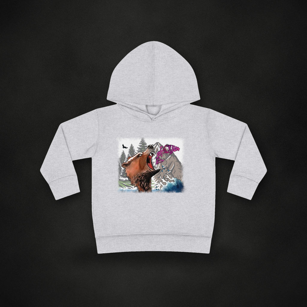 Zero Faction ZF Alaska bear graphic toddler hoodie, heather, on dark asphalt backdrop