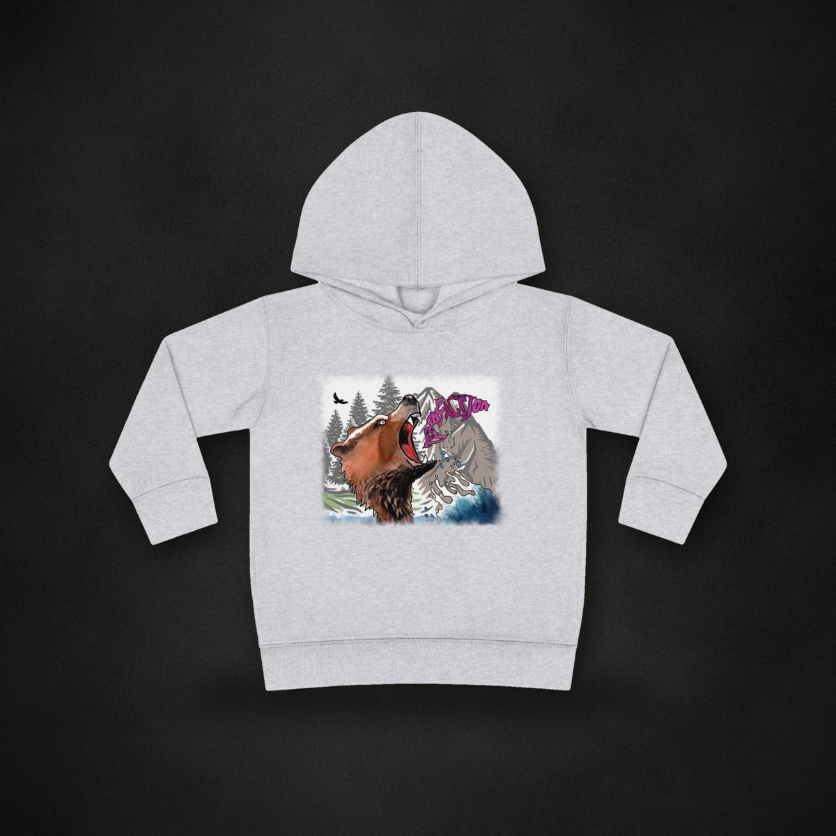 Zero Faction ZF Alaska bear graphic toddler hoodie, heather, on dark asphalt backdrop