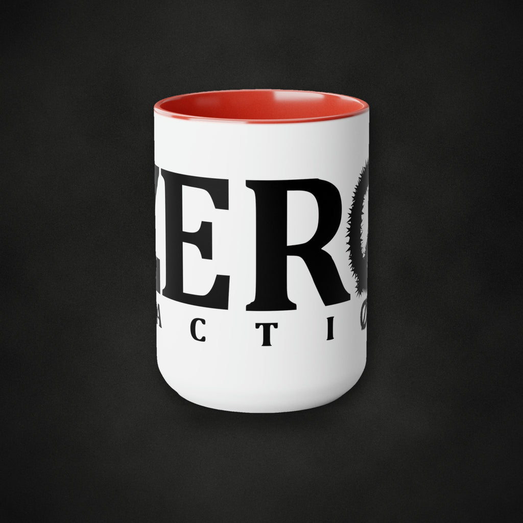 Zero Faction Two-Tone Coffee Mugs, 15oz, on dark asphalt backdrop